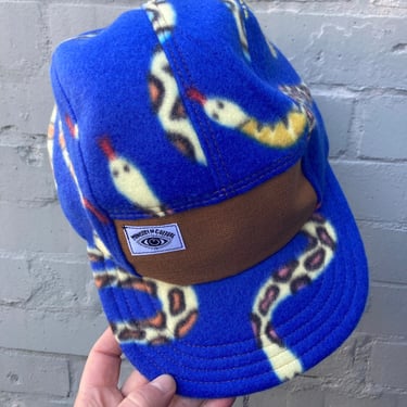Handmade 5 Panel Camp Hat, Baseball Cap, Moldable Brim five panel hat, Snap Back, 5panel hat, gift for him, Blue Snake Print Fleece hat 