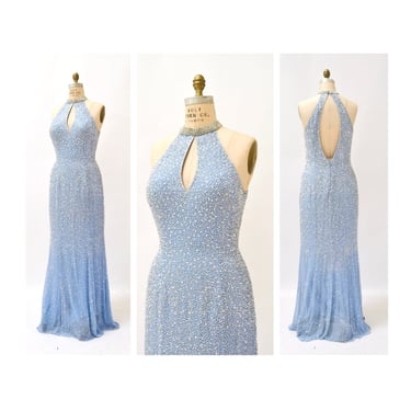 90s 00S Y2k Vintage Blue Silver Beaded Gown Rhinestone Sequin Dress Medium Large By Lillie Rubin Silk// Vintage Blue Pageant Wedding Gown 