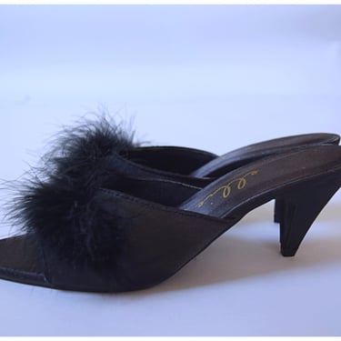 Vintage 1990s Ellie black marabou feather peep toe kitten heel Shoes | 1990s 90s 2000s shoes 