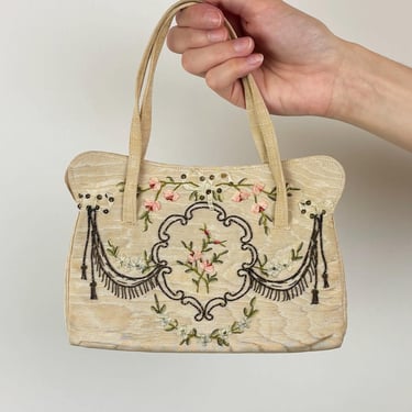 Vintage 20s Embroidered Ombre Ribbon Handbag Moire White Ivory Bridal 