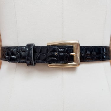 black alligator belt | 80s 90s vintage patent alligator faux vegan leather dark academia belt 