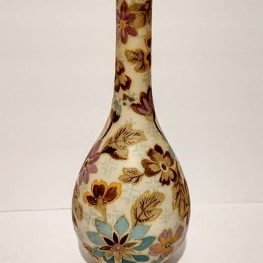 Antique Tischer Karlsbad Bohemian Glass Enamel Floral Vase 12" 
