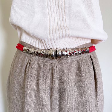 Vintage 80's Ornate Red and Silver Belt, High Waisted Fit, 