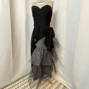 80s black velvet asymmetrical formal gown dress swiss dot tulle crinoline S 