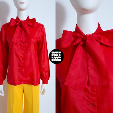 Lovely Vintage 70s Solid Red Lightweight Long Sleeve Blouse with Pussybow Tie 