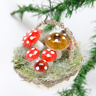 Vintage German Basket of Spun Cotton Mushrooms Christmas Tree Ornament, Antique Hand Painted Feather Tree Decor, Germany 