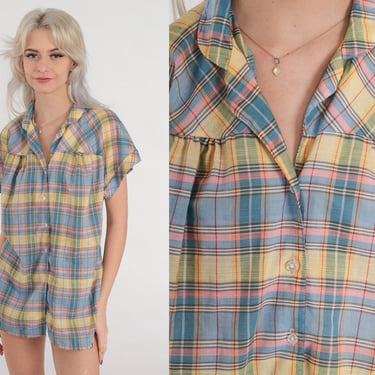 Plaid Blouse 70s Button up Shirt Yellow Blue Checkered Top Retro Collared Seventies Preppy Casual Summer Pink Check Vintage 1970s Large L 