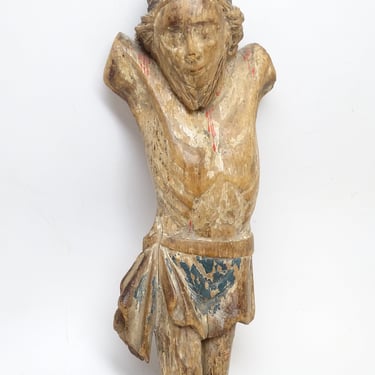 Antique Crucifix Fragment Jesus Christ, Hand Carved Polychrome Santos, Vintage Religious Church Decor 
