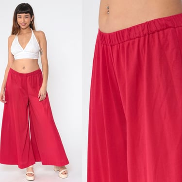 70s Palazzo Pants Raspberry Red Wide Bell Bottoms Bohemian Hippie Trousers High Waisted Boho Festival Summer Vintage 1970s Small Medium 