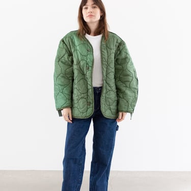 Vintage Green Liner Jacket | Unisex Wavy Quilted Nylon Coat | L XL | LI217 