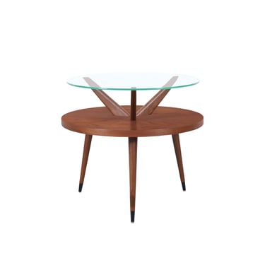 Vintage Two-Tiered Walnut and Glass Tripod Table