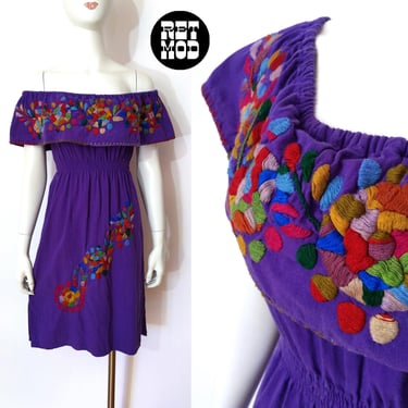 Lovely Vintage Purple Cotton Sun Dress with Colorful Floral Embroidery 