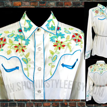 Vintage Western Retro Women's Cowgirl Shirt by Rockmount Ranchwear, Rodeo Queen, Embroidered Floral Designs, Size XLarge (see meas. photo) 