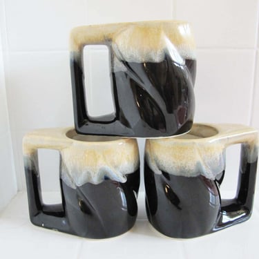 Vintage Padilla Ceramic Coffee Mug set of 3 With Stand - Black Cream Gray Dripware Mugs - Bohemian Earthy Kitchen Decor - Housewarming Gift 