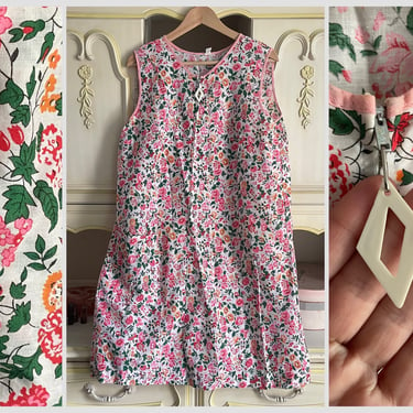 VTG 1950’s cheerful floral print house dress | zip up summer dress, chore dress, pink & orange flowers, M/L 