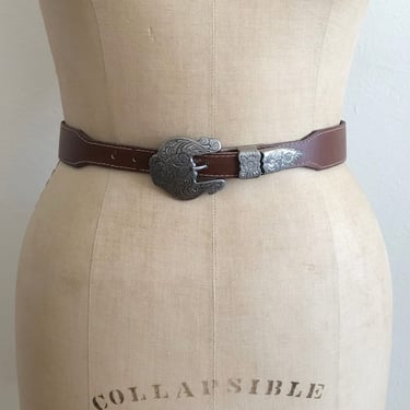 Brown Leather Waist Belt with Etched Buckle - 1990s 