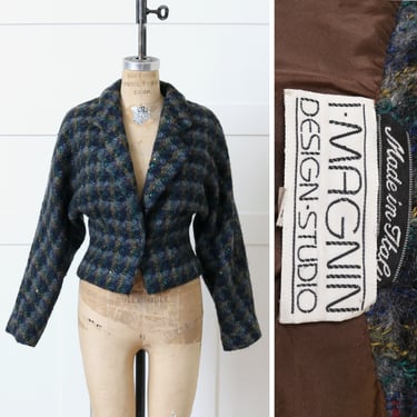 vintage 1980s Italian jacket • blue & taupe brown plaid fuzzy textured wool jacket with dolman sleeves 