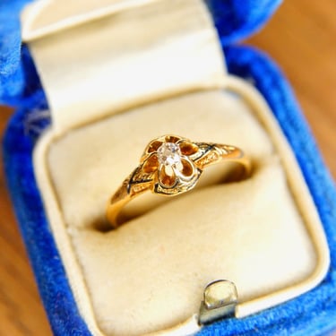 Antique 18K Yellow Gold Enamel Diamond Solitaire Ring, Prong-Set .125 CT Old Mine Cut Diamond, Black Enamel Embellishments, Size 6 1/2 US 