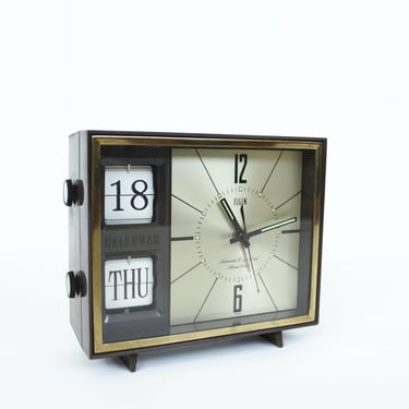 Vintage 70's Elgin Wind Up Analog Desk Alarm Clock - Day / Date Flip Display - Alarm - Faux Wood Grain 