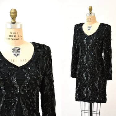 VIntage Black Sequin Dress Size Medium// 80s Sequin Party Prom Flapper Dress Black size Medium// Vintage Black Beaded Dress 