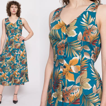 Medium 90s Blue Tropical Floral Sundress | Vintage Sleeveless Button Up Summer Maxi Dress 