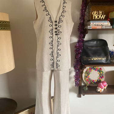 Vintage 70s Western Geometric and Linen Matching Set with Flared Pants and Matching Vest/Tunic; 70s RARE Coordinating Set 
