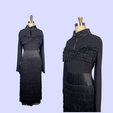 Vintage 1930s 1940s Illusion Fringe Dress Bikini Top Rayon and Satin Showgirl Midi Dress  Large size 