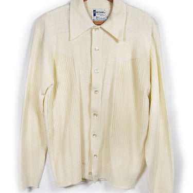 60's Mens Ivory Knit Shirt, Vintage 1960's Wintuk, Cardigan Sweater Top, Mod, 1970's Long Sleeve Acrylic, Mans Large Size, Hippie, Boho 