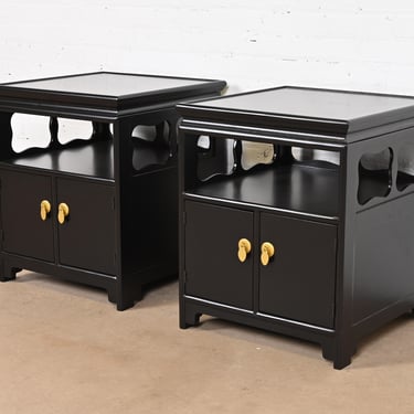 Michael Taylor for Baker Far East Collection Black Lacquered Nightstands, Newly Refinished