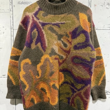 Vintage Mohair Knit Sweater with Abstract Design  Mock Neck 