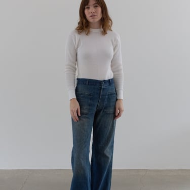 Vintage 28 Waist Button Fly High Rise Jeans | 60s Mended Worn in Wide Leg Flare Denim | Sailor Flare Nautical | 