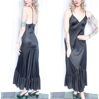 1970s Slip // Long Black Nylon Gown // vintage 70s lounge dress 