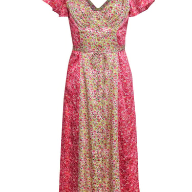 Cinq a Sept - Pink Floral Short Sleeve Button Front Maxi Dress Sz 2