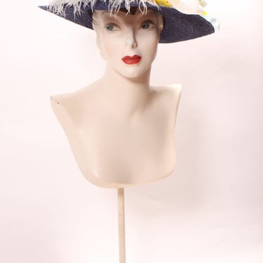 1980s Does Edwardian Victorian Style Gibson Girl Navy Blue Wide Brim Floral Flower and Feather Hat 