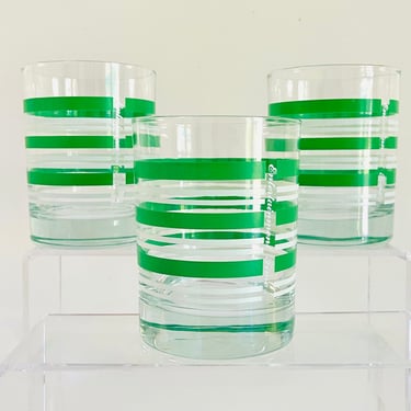 Vintage 1970s Retro Modern Barware Rock Drink Glasses Green Stripes Entertainment Time 3ct 