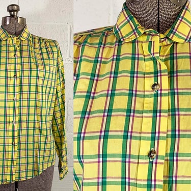 Vintage Yellow Plaid Button Front Shirt Green Purple Nantucket Long Sleeve Large Medium 1970s 