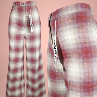 1970s plaid pants vintage deadstock by Pandora extra wide legs high rise slacks curvy fit earthtone colors with lavender intrigue (30 x 32) 