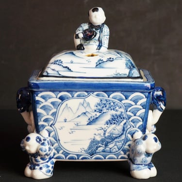 Antique Japan Sometsuke Koro ceramic censer sculpture 1900 kiln art craft 