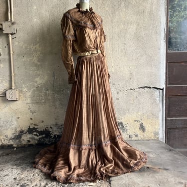 Antique Victorian Brown Net Striped Silk Dress Sheer Fringe Blue Trim Vintage