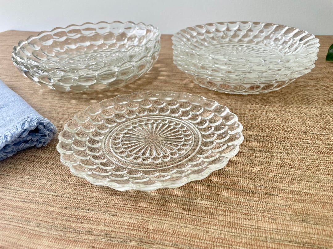 Vintage Anchor Hocking Blue Bubble Glass Cups & Saucers Set of 8