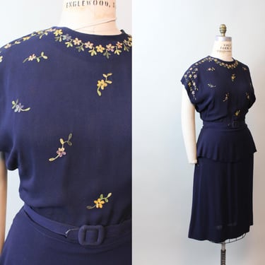 1940s EMBROIDERED peplum panel rayon dress large | new fall winter 