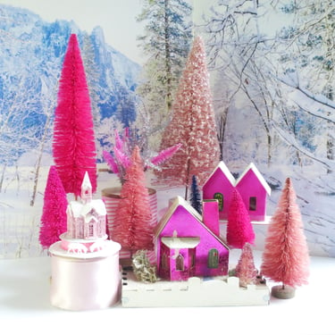 1950s Hot Pink Foil Putz House, Dolly Toy Co Large Cardboard Christmas Village House, Magenta Foil Decor 