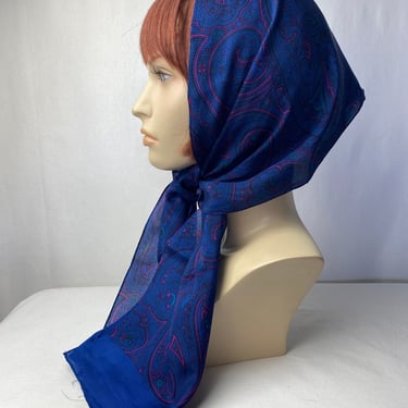 Beautiful 100% silk scarf 1980’s vintage paisley blue fuchsia long thin rectangular head scarf neckerchief pussycat bow 