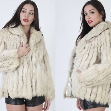 Plush Ivory Fox Fur Jacket / Womens Arctic Apres Ski Coat / Chubby Natural Striped Sleeves / Leather Panel Inlay Winter Overcoat 