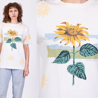 90s Sunflower All Over Print T Shirt - Medium | Vintage Floral Meadow Graphic Tee 
