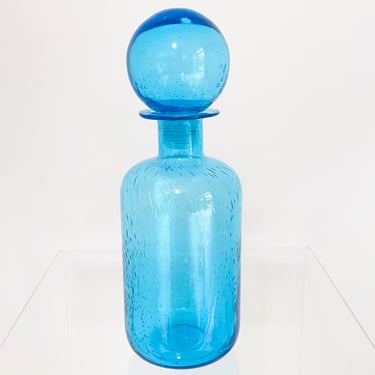 Vintage 1970s MID Century Modern Blue Art Glass Bubble Orb Ball Stopper Bottle Decanter 