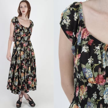 Vintage 90s Black Roses Floral Dress / Gypsy Grunge Festival Dress / Black Gauze Dress / Full Circle Skirt Maxi Dress 