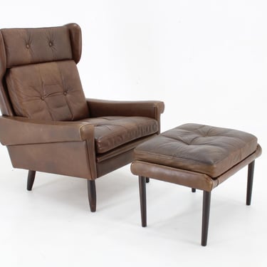 1970 Svend Skipper High Back Armchair and Stool in Brown Leather,Denmark / Mid-century / Vintage Armchair / 