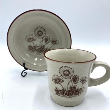Noritake Desert Flowers Cup and Fruit Bowl, No. 8241, Brown Flower, Speckled Wildflowers, Vintage Stoneware, Retro 70s 80s Dinnerware 