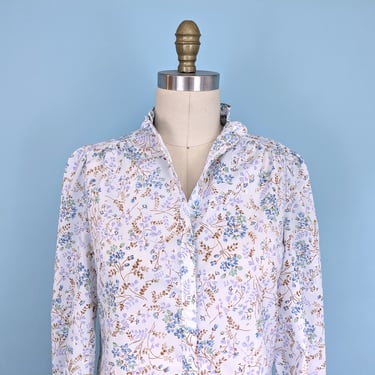 Vintage 1970s Blue Floral Blouse, Vintage 70s Long Sleeve Button Down Boho Shirt 